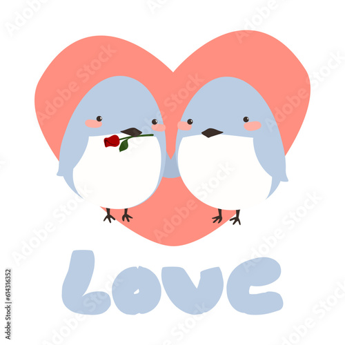 Vector illustration of cute lovebirds in heart, light blue and coral, white background