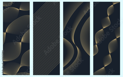 A 4 design combo set of different types of golden black blending curve wavy lines background , wallpaper , tiles , presentation illustration design 