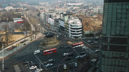 Corporate Chaebol Skyscrapers Next to Gyeongbuk Palace Traditional Structure and Traffic in Seoul, South Korea 2 photo