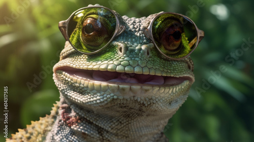 wildlife glasses portrait green animal reptile close-up lizard iguana scale. Generative AI.