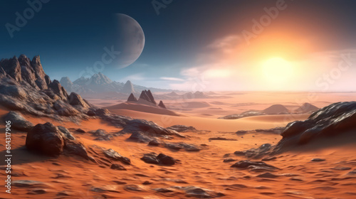 A sci-fi scene of a futuristic desert with rocky mountains and a planet. The image shows a barren and dry landscape, with jagged rocks and sand, and a large and bright planet