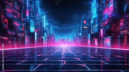 A stylish and creative background design in cyberpunk style. It showcases neon lights, geometric shapes, and futuristic elements AI Generative