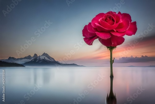 pink rose on the sea at sunset