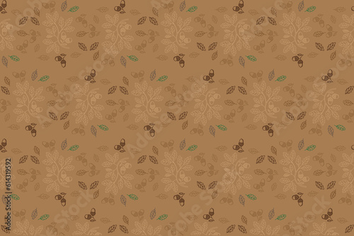 Illustration pattern the out line of acorn and leaves on brown background.