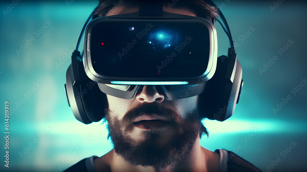 Close-up man wearing a virtual reality headset. technology concept. Generative AI Close-up man wearing a virtual reality headset. technology concept. Generative AI