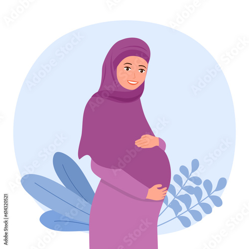 Cheerful young Muslim pregnant lady in flat design. Hijab pregnant concept vector illustration.