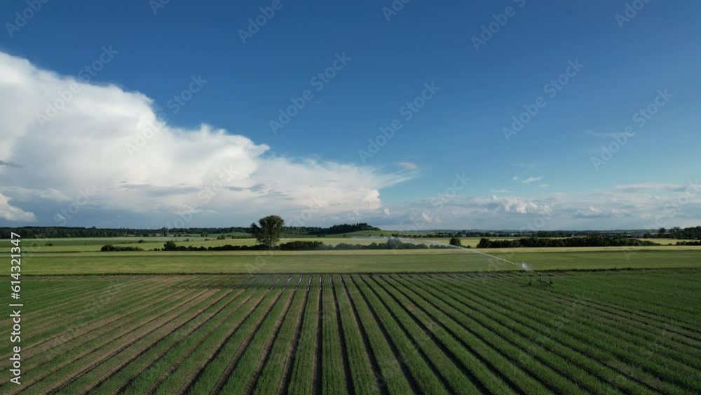 water sprinkler irrigation system, Farming field with irigation siststems,aerial panorama landscape view water sprinkler irrigation system, Farming field with irigation siststems,aerial panorama landscape view