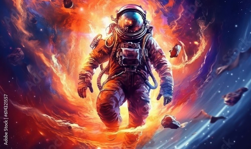 Astronaut Exploring the Galaxy, Colorful Space Illustration Background. Generative Ai © CYBERUSS
