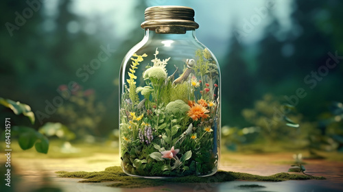 A glass with micro botanical ecosystem, tiny composition, terrarium with enclosed lush vegetation, photosynthesis and growth inside a transparent jar. Ecology and green earth concept. mini houseplant