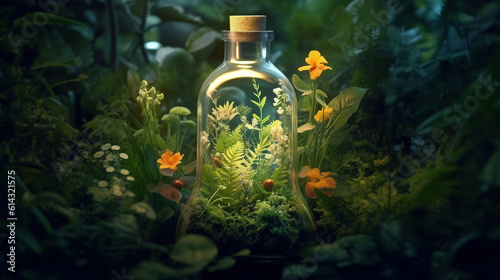 micro botanical ecosystem and flowers in a glass bottle. tiny composition, terrarium with enclosed lush vegetation, photosynthesis and growth. Aromatherapy and green earth concept. mini houseplant