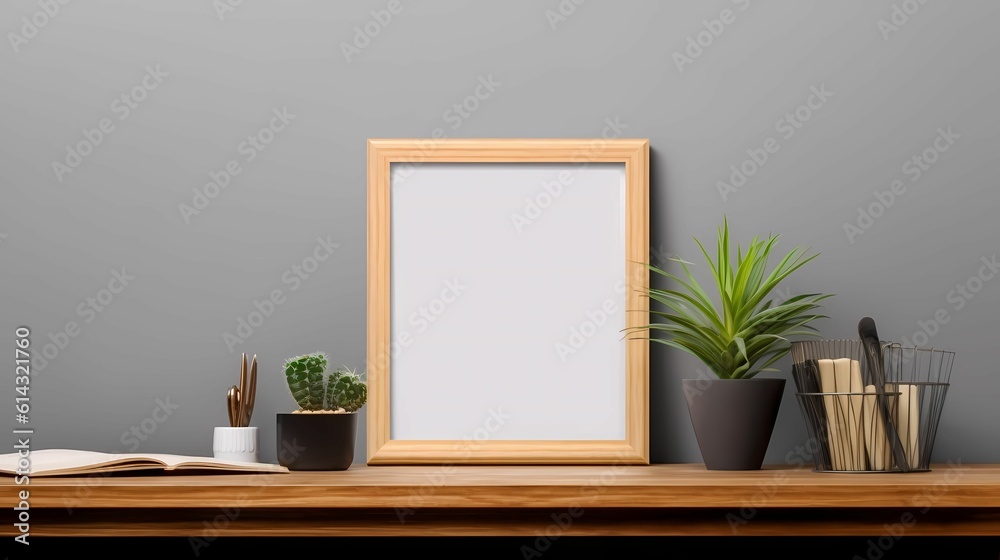 an empty picture frame mockup on wooden desk,table. Home Interior with Wooden frame mockup. AI Generative Image an empty picture frame mockup on wooden desk,table. Home Interior with Wooden frame mockup. AI Generative Image
