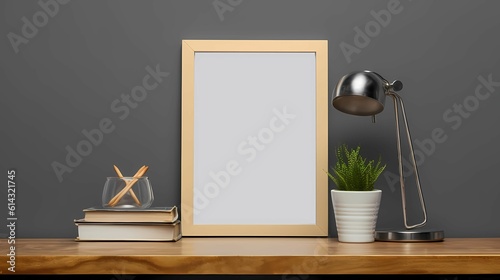 an empty picture frame mockup on wooden desk,table. Home Interior with Wooden frame mockup. AI Generative Image 