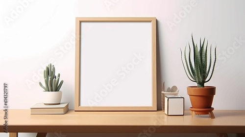 an empty picture frame mockup on wooden desk,table. Home Interior with Wooden frame mockup. AI Generative Image 
