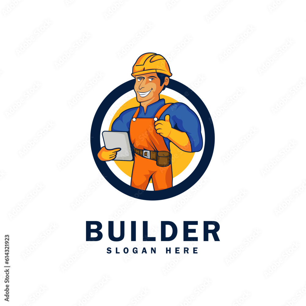 Contractor Mascot Logo Design, Construction worker cartoon character emblem, Building with Confidence. vector illustration