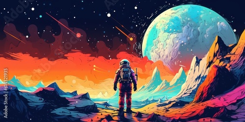 Foto Astronaut Exploring the Galaxy, Colorful Space Illustration Background