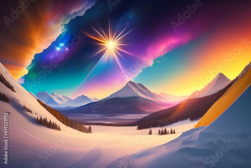 A snow covered mountains with a bright star in the sky in solstice