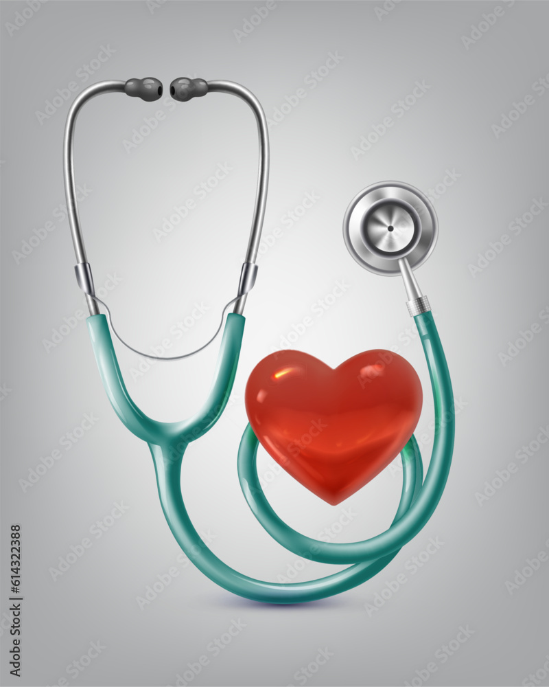 3d realistic vector icon. Medical device. Stethoscope with red heart. 3d realistic vector icon. Medical device. Stethoscope with red heart.