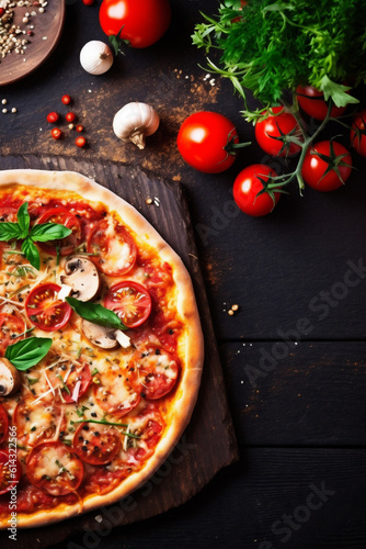 meal snack food fast cheese black tomato pizza copy italian space background food. Generative AI.