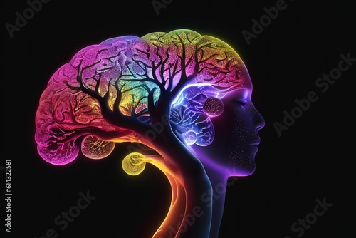 Colorful Artistic Portrait of a Woman Figure Merged with A Colorful Rainbow Tree Brain Digital Generative AI Art