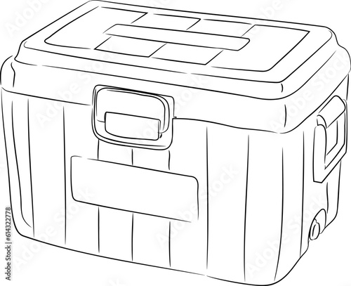 Line art illustration of portable refrigerator for drinks. 
Vector illustration of portable beer cooler. Travel mini- fridge for drinks in vector. Illustration of summer holiday accessories. 