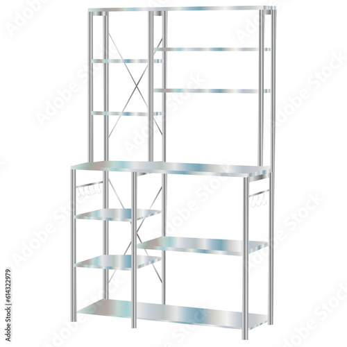 Clean dishes drying on metal dish rack on light background. Kitchen utensils and dishware on wooden shelf. Kitchen interior background.Text space.