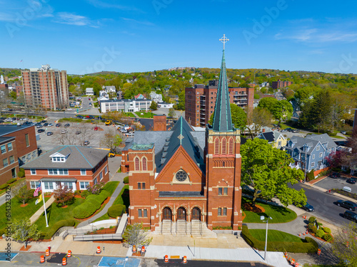 Saint Agnes Parish Church at 32 Medford Street in historic town center of Arlington, Massachusetts MA, USA.  photo