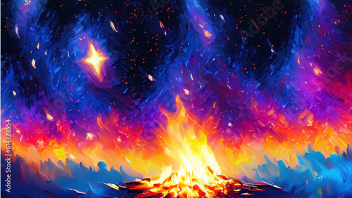 Fire oil painting Abstract illustration, bonfire, night starry sky, galaxy, stars, Blue Cosmos. Colorful space background artwork for watercolor textures backgrounds. (ai generated)