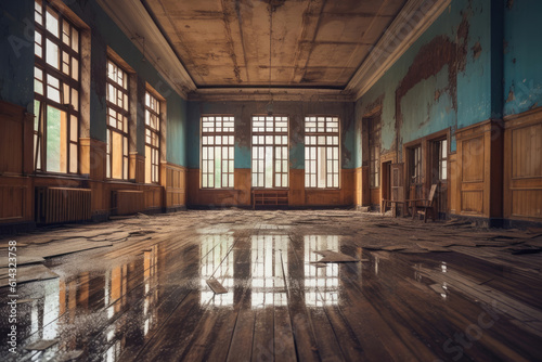 Empty old ruined hall, Generative AI