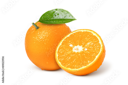 orange fruit with leaf on white