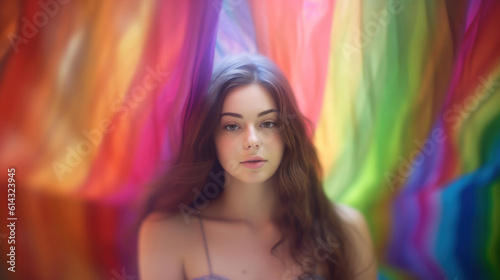 Beautiful young woman on blur colorful background. AI generation © tashechka