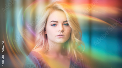 Beautiful young woman on blur colorful background. AI generation