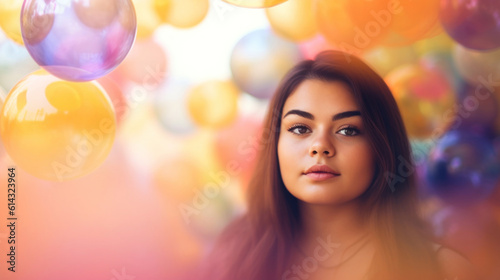 Beautiful young woman on blur colorful background. AI generation