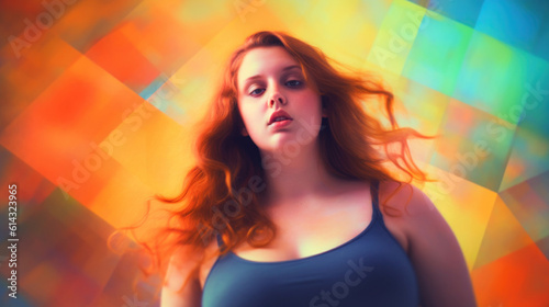 Beautiful fat young woman on blur colorful background. AI generation