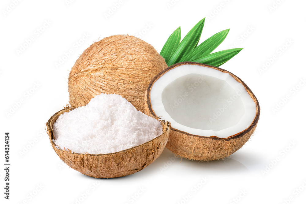 Fototapeta premium coconut and coconut flakes on white