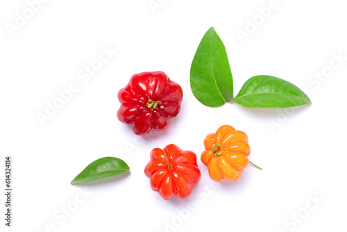 Surinam cherry (Brazilian cherry, cayenne cherry, Pitanga) with leaves isolated on white background, top view, flat lay. photo