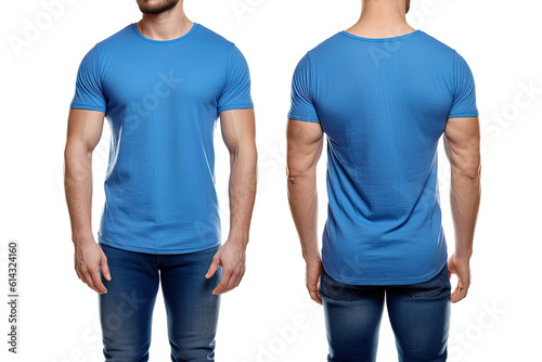 Photo realistic male blue t-shirts with copy space, front, and back view