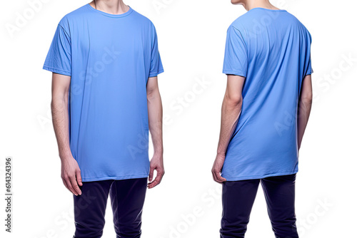 Photo realistic male blue t-shirts with copy space, front, and back view