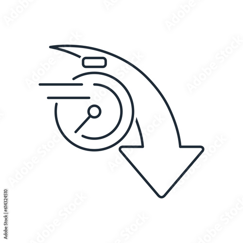 Down arrow sign and stopwatch with speed. Reduce,decrease  quickly.Vector linear icon isolated on white background.