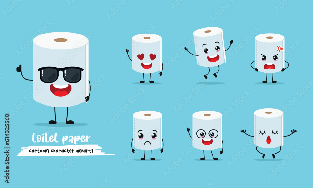 cute toilet paper cartoon with many expressions. different activity