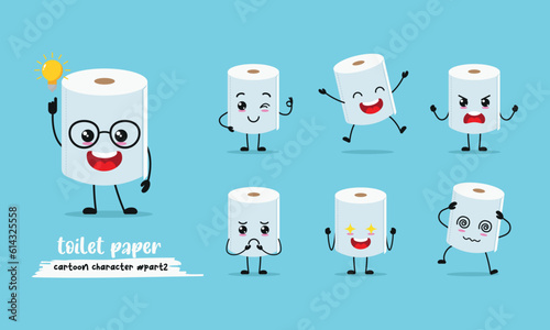 cute toilet paper cartoon with many expressions. different activity pose vector illustration flat design.
