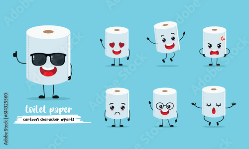 cute toilet paper cartoon with many expressions. different activity pose vector illustration flat design set with sunglasses.