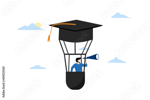 skills for success in the workplace, Education or knowledge for career growth path, learn or new course for business success, flying entrepreneur graduation mortar cap see vision of future.