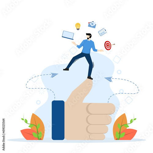 concept of ability, ability to succeed in job, skill or competency and career experience or knowledge for accountability, qualified entrepreneur juggling productivity object with thumbs up sign.