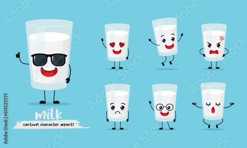 cute a glass of milk cartoon with many expressions. different activity pose vector illustration flat design set with sunglasses.