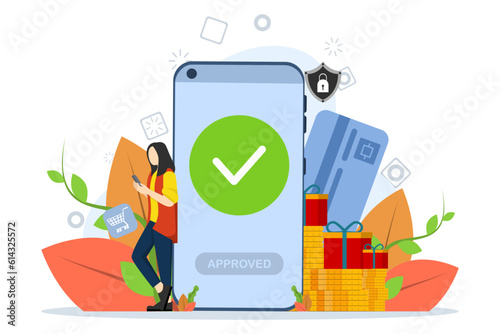Payment concept approved, woman pays successfully and safely. Online mobile payment and banking services. payments made, online shopping, money transfers. Vector illustration in flat design.