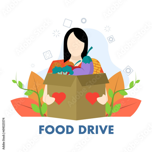 Concept of help, social care, volunteering, support for the poor. Happy woman holding food box in hand. Food drive contribution. Cartoon flat vector illustration for web banner.