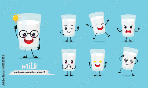 cute a glass of milk cartoon with many expressions. different activity pose vector illustration flat design set.
