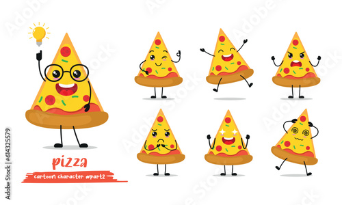 cute slice of pizza cartoon with many expressions. different activity pose vector illustration flat design set.