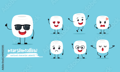 cute marshmallow cartoon with many expressions. different activity pose vector illustration flat design set with sunglasses