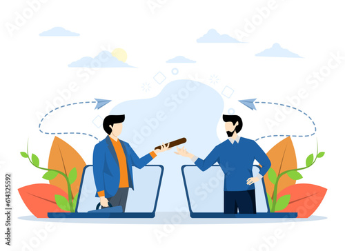 concept of remote work or remote work, Outsourcing hiring outside workers to perform services, transferring work to another team, employer boss's pass or baton to outsourced team to work remotely.